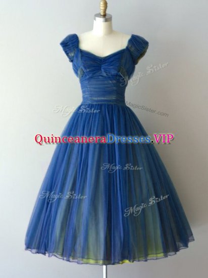 Blue Cap Sleeves Ruching Knee Length Dama Dress - Click Image to Close