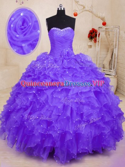 Glamorous Beading and Ruffles and Hand Made Flower Sweet 16 Quinceanera Dress Purple Lace Up Sleeveless Floor Length - Click Image to Close