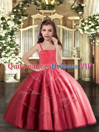 Floor Length Lace Up Pageant Gowns For Girls Coral Red for Party and Sweet 16 and Wedding Party with Beading