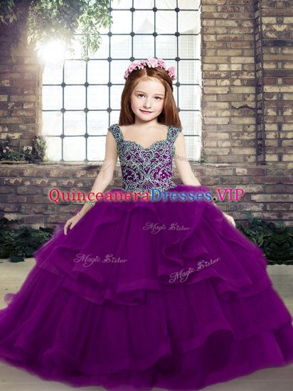 Attractive Sleeveless Floor Length Beading Lace Up Kids Pageant Dress with Purple - Click Image to Close