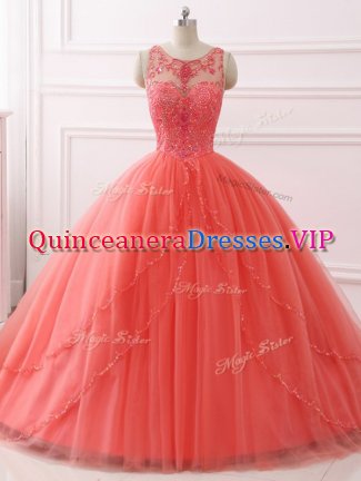 Admirable Coral Red Ball Gowns Beading and Lace 15 Quinceanera Dress Lace Up Tulle Sleeveless