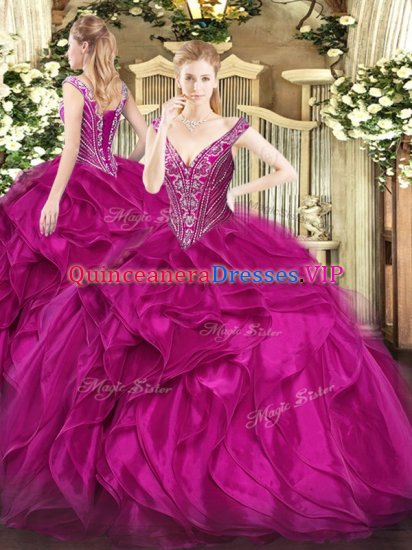 Sleeveless Floor Length Beading and Ruffles Lace Up Ball Gown Prom Dress with Fuchsia - Click Image to Close