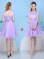 Gorgeous Scoop Knee Length Lavender Quinceanera Court Dresses Tulle Sleeveless Bowknot