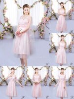 Discount Baby Pink Sleeveless Appliques Tea Length Quinceanera Court Dresses