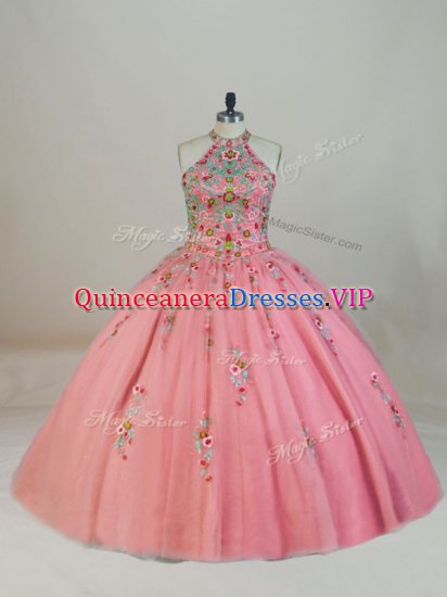 Tulle Halter Top Sleeveless Brush Train Lace Up Appliques and Embroidery Ball Gown Prom Dress in Pink - Click Image to Close