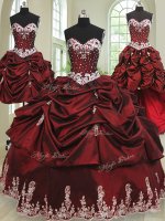 Four Piece Wine Red Ball Gowns Sweetheart Sleeveless Taffeta Floor Length Lace Up Beading and Appliques and Pick Ups Quinceanera Gowns
