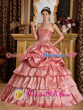 Writtle East Anglia Watermelon Red For Discount Floor-length Quinceanera Dress With Strapless Pick-ups and Beading