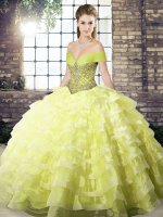 Yellow Quinceanera Gown Military Ball and Sweet 16 and Quinceanera with Beading and Ruffled Layers Off The Shoulder Sleeveless Brush Train Lace Up