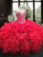 Sweetheart Sleeveless Lace Up Quinceanera Dresses Red Organza