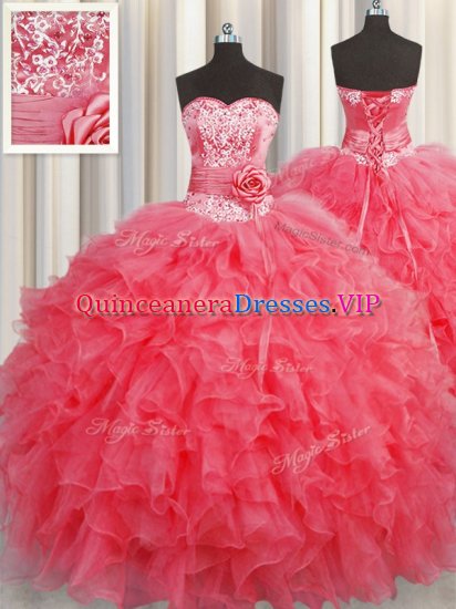 New Arrival Handcrafted Flower Floor Length Coral Red Sweet 16 Dresses Organza Sleeveless Ruffles and Hand Made Flower - Click Image to Close
