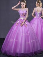 Scoop Sleeveless Lace Up Floor Length Beading and Appliques Quince Ball Gowns(SKU YCQD0122-2BIZ)