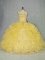 Most Popular Yellow Sleeveless Floor Length Appliques and Ruffles Lace Up Quinceanera Dresses