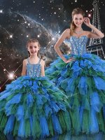 Discount Sweetheart Sleeveless Quinceanera Gowns Floor Length Beading and Ruffles and Ruffled Layers Multi-color Organza