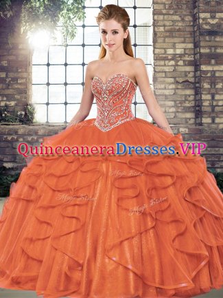 Rust Red Lace Up Sweet 16 Dress Beading and Ruffles Sleeveless Floor Length