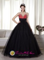 Fashionable Tull Black and Red Princess Beaded Sweetheart Ajo Arizona Quinceanera Dress