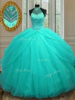 Aqua Blue Ball Gowns Halter Top Sleeveless Tulle Floor Length Lace Up Beading Quinceanera Gowns