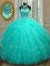 Aqua Blue Ball Gowns Halter Top Sleeveless Tulle Floor Length Lace Up Beading Quinceanera Gowns