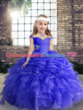 Inexpensive Blue Straps Neckline Beading and Ruffles Kids Pageant Dress Sleeveless Lace Up