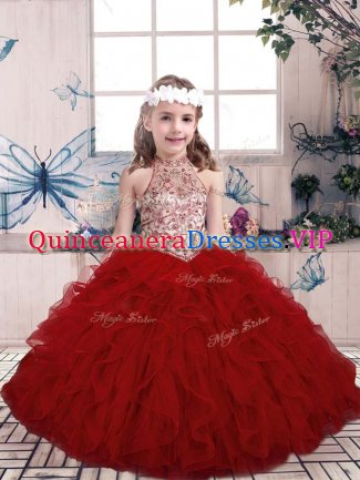 Tulle High-neck Sleeveless Lace Up Beading and Ruffles Girls Pageant Dresses in Red