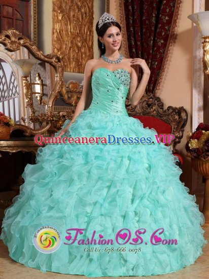 Pembroke Pines Florida/FL Apple Green Sweetheart Organza Beaded and Ruffles Clearance Quinceanera Dress - Click Image to Close
