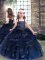 High End Straps Sleeveless Little Girls Pageant Dress Floor Length Beading and Ruffles Navy Blue Tulle