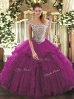 Fuchsia Organza Lace Up Off The Shoulder Sleeveless Floor Length Vestidos de Quinceanera Beading and Ruffles