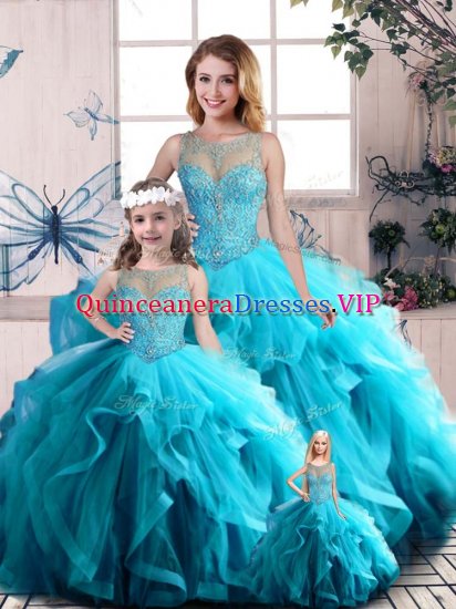 Perfect Aqua Blue Ball Gowns Beading and Ruffles Ball Gown Prom Dress Lace Up Tulle Sleeveless Floor Length - Click Image to Close