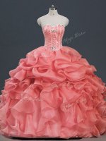 Watermelon Red Organza Lace Up 15 Quinceanera Dress Sleeveless Floor Length Beading and Ruffles and Pick Ups