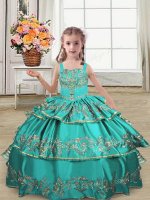 Dazzling Satin Straps Sleeveless Lace Up Embroidery and Ruffled Layers Little Girls Pageant Dress in Turquoise