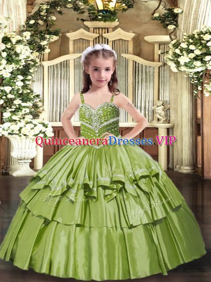 Beautiful Olive Green Sleeveless Floor Length Beading and Ruffled Layers Lace Up Little Girls Pageant Dress - Click Image to Close