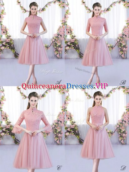 Superior A-line Dama Dress Pink High-neck Tulle Cap Sleeves Tea Length Zipper - Click Image to Close