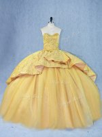 Gold Quince Ball Gowns Sweet 16 and Quinceanera with Beading and Appliques Sweetheart Sleeveless Court Train Lace Up