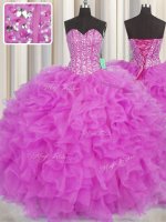 Visible Boning Ball Gowns Quinceanera Dresses Fuchsia Sweetheart Organza Sleeveless Floor Length Lace Up