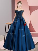 Wonderful A-line 15th Birthday Dress Navy Blue Off The Shoulder Satin Sleeveless Floor Length Zipper