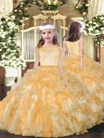 Gold Scoop Zipper Beading and Ruffles Little Girls Pageant Dress Wholesale Sleeveless