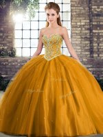 Brown Ball Gowns Sweetheart Sleeveless Tulle Brush Train Lace Up Beading 15 Quinceanera Dress