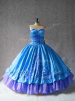 Eye-catching Blue Satin and Organza Lace Up Quince Ball Gowns Sleeveless Floor Length Embroidery