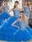 Perfect Off The Shoulder Sleeveless Brush Train Lace Up Sweet 16 Dresses Blue Tulle
