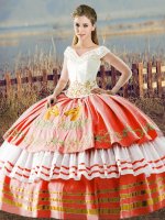 V-neck Sleeveless Satin Sweet 16 Quinceanera Dress Embroidery and Ruffled Layers Lace Up