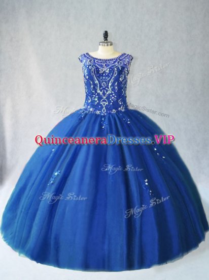 Ideal Blue Sweet 16 Dresses Sweet 16 and Quinceanera with Beading Scoop Sleeveless Lace Up - Click Image to Close