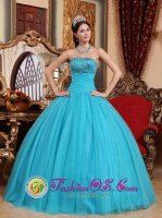 Kangasniemi Finland Embroidery with Exquisite Beadings Popular Turquoise Quinceanera Dress Strapless Tulle Ball Gown