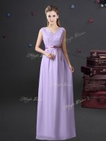Eye-catching V-neck Sleeveless Quinceanera Court of Honor Dress Floor Length Lace and Belt Lavender Chiffon