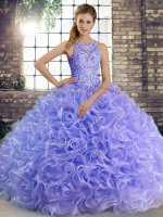 Captivating Lavender Fabric With Rolling Flowers Lace Up Sweet 16 Dresses Sleeveless Floor Length Beading