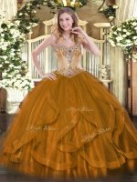 Floor Length Lace Up Quinceanera Gowns Brown for Sweet 16 and Quinceanera with Beading and Ruffles
