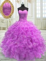 Perfect Lilac Ball Gowns Organza Sweetheart Sleeveless Beading and Ruffles Floor Length Lace Up 15 Quinceanera Dress