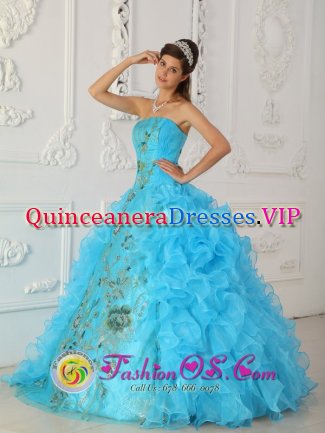 Strapless Floor-length Aque Blue Ruffles Kingman AZ Surprise Quinceanera Dresses With Appliques For Sweet 16