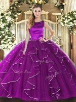 Fantastic Scoop Sleeveless Lace Up Quinceanera Gown Eggplant Purple Tulle