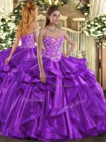 Pretty Embroidery and Ruffles Quinceanera Gowns Eggplant Purple Lace Up Sleeveless Floor Length