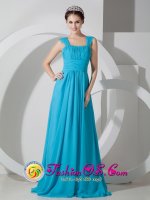 Koloa Hawaii/HI Square Empire Brush Train Chiffon Ruch Teal Quinceanera Dama Dress