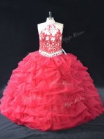 Floor Length Red Quinceanera Gown Halter Top Sleeveless Backless